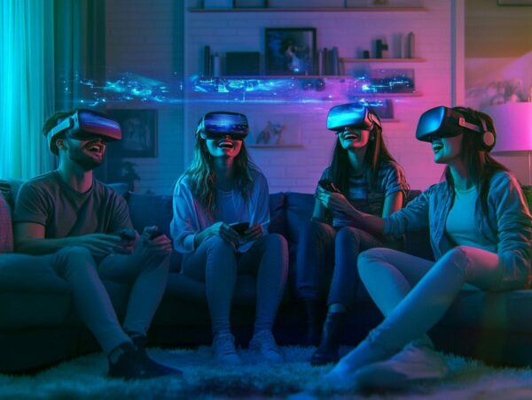 Gruppe von Freunden mit VR-Headsets, die gemeinsam in verschiedenen virtuellen Welten interagieren