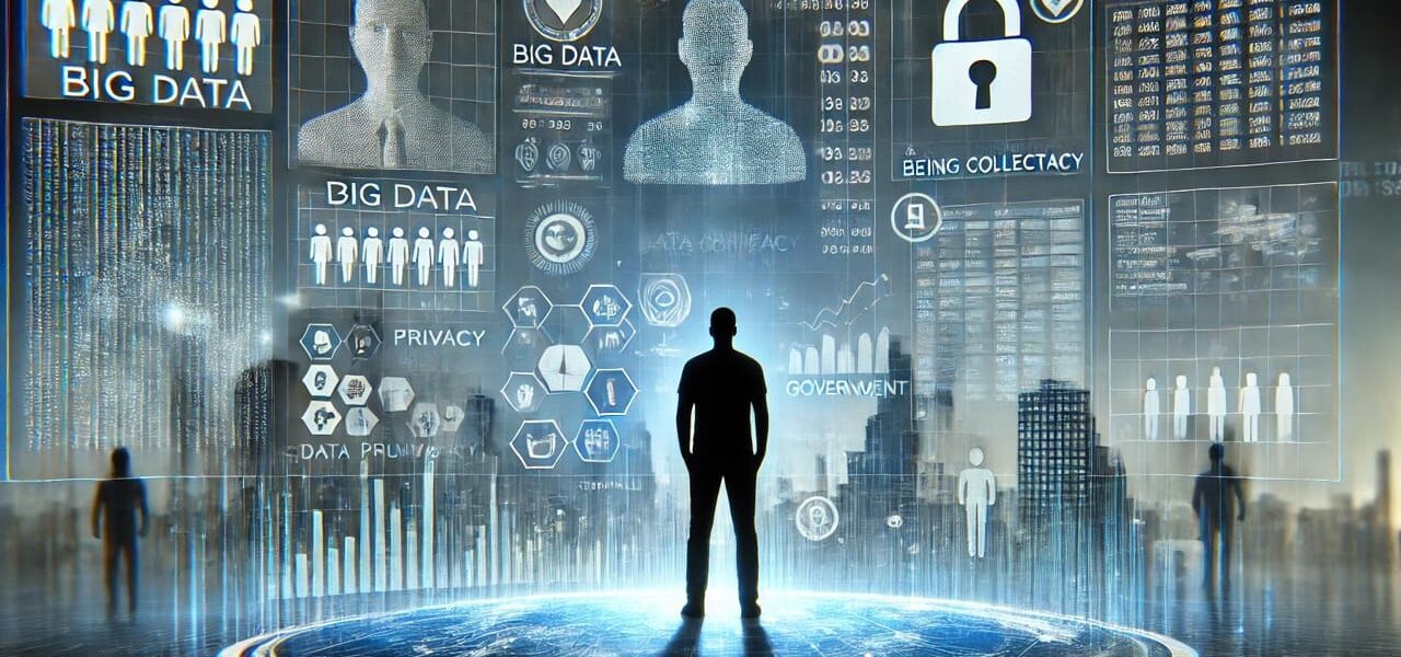 Person vor digitalem Bildschirm mit Datenpunkten, die Big Data und Datenschutz symbolisieren