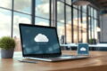 Moderner Arbeitsplatz mit Laptop und Smartphone, die Cloud Computing Symbole zeigen