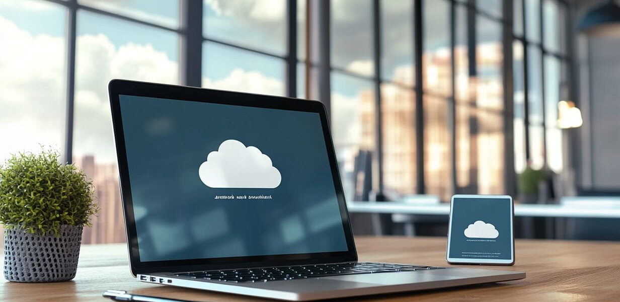 Moderner Arbeitsplatz mit Laptop und Smartphone, die Cloud Computing Symbole zeigen