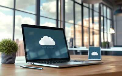 Moderner Arbeitsplatz mit Laptop und Smartphone, die Cloud Computing Symbole zeigen