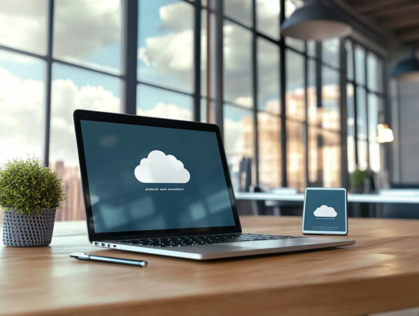 Moderner Arbeitsplatz mit Laptop und Smartphone, die Cloud Computing Symbole zeigen