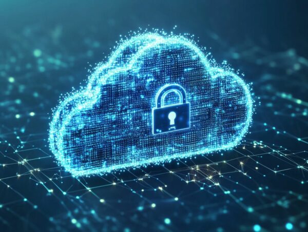 Sichere digitale Wolke mit Schloss symbolisiert Cloud-Sicherheit und Datenschutz