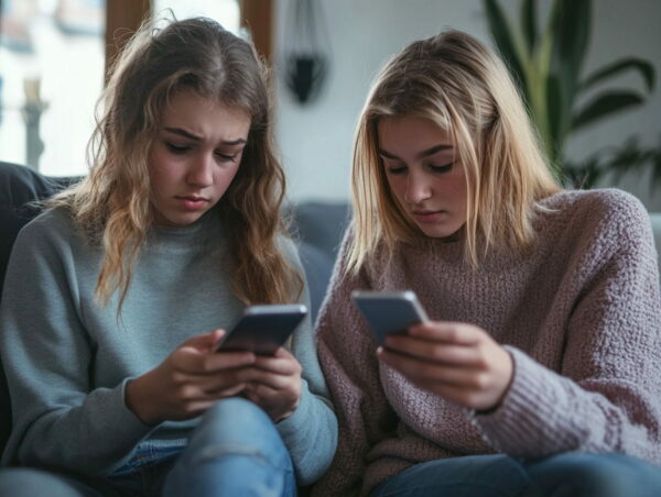 Teenager tröstet einen Freund, der wegen Cybermobbing beleidigende Nachrichten auf dem Smartphone erhalten hat