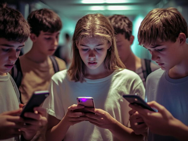 Gruppe von Jugendlichen in einem Schulflur, eine Person zeigt Anzeichen von Cybermobbing auf ihrem Smartphone