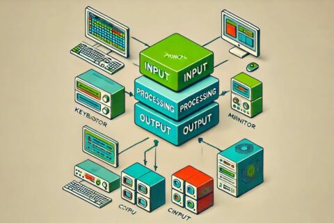 Diagramm des EVA-Prinzips (Eingabe, Verarbeitung, Ausgabe) zur Datenverarbeitung