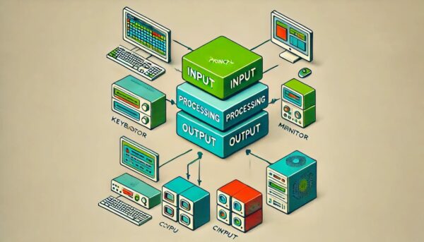 Diagramm des EVA-Prinzips (Eingabe, Verarbeitung, Ausgabe) zur Datenverarbeitung