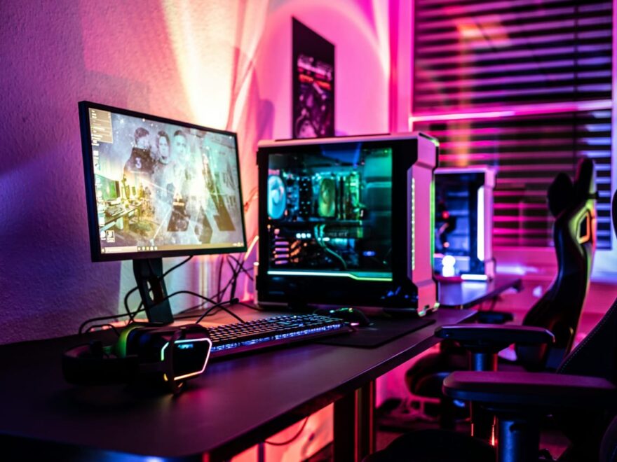 Beleuchtetes Gaming-PC-Setup mit Monitor, Tastatur und Headset in einem modernen Raum