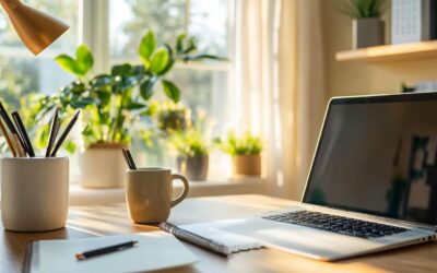 Moderner Home-Office Arbeitsplatz mit Schreibtisch, Laptop und ergonomischem Stuhl