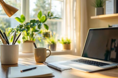 Moderner Home-Office Arbeitsplatz mit Schreibtisch, Laptop und ergonomischem Stuhl