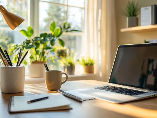 Moderner Home-Office Arbeitsplatz für die Selbstständigkeit mit Schreibtisch, Laptop und ergonomischem Stuhl