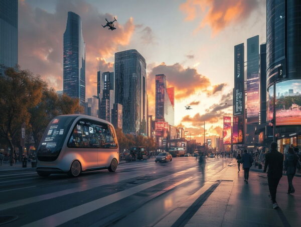 Futuristische Stadt mit KI-Technologien wie selbstfahrenden Autos und Drohnenlieferungen