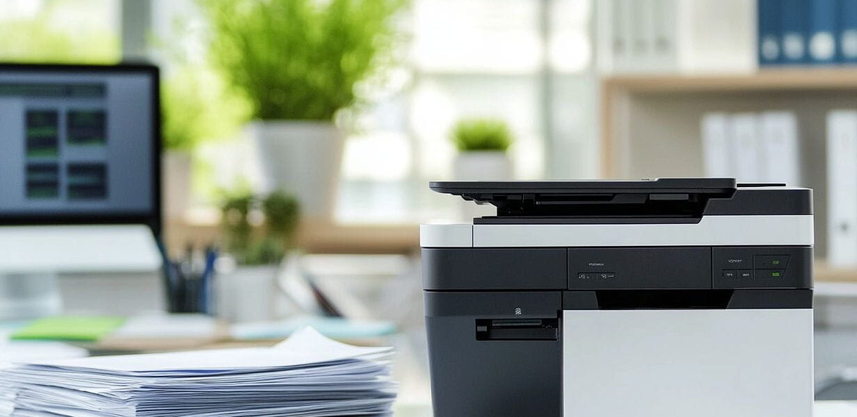 Laserdrucker in einem modernen Büro, der ein Dokument druckt