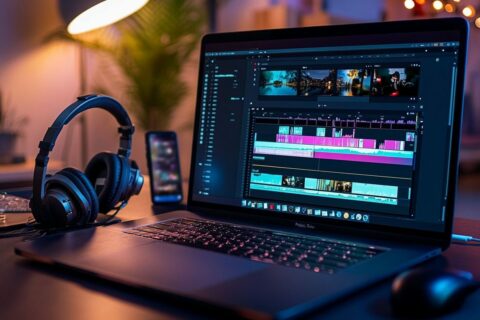 Laptop mit Videobearbeitungssoftware beim Musik hinterlegen