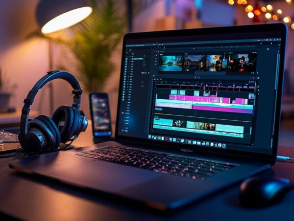 Laptop mit Videobearbeitungssoftware beim Musik hinterlegen