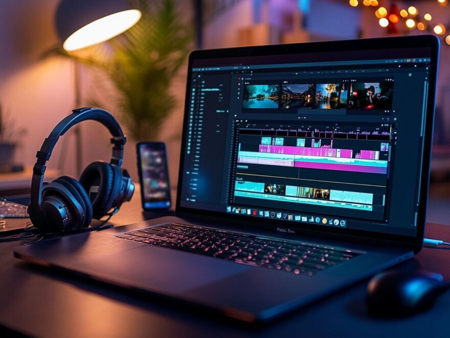 Laptop mit Videobearbeitungssoftware beim Musik hinterlegen