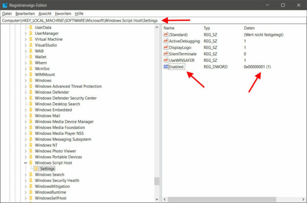 Windows Script Host im Registrierungseditor aktiviert