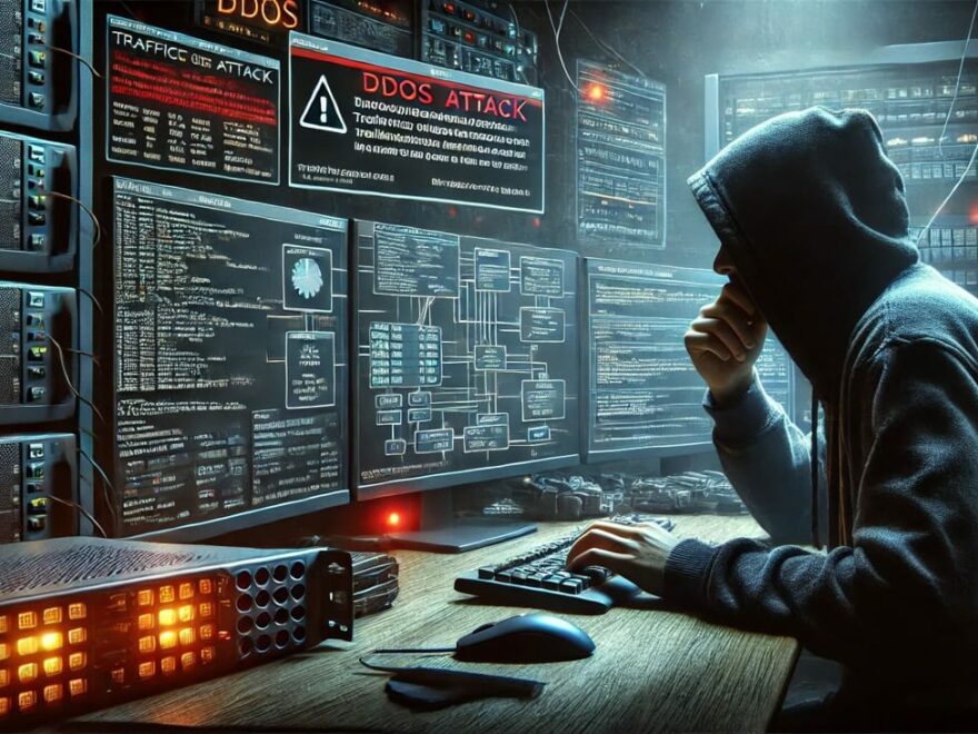 Hacker plant DDoS-Attacke vor mehreren Bildschirmen mit Warnmeldungen und Netzwerkgrafiken