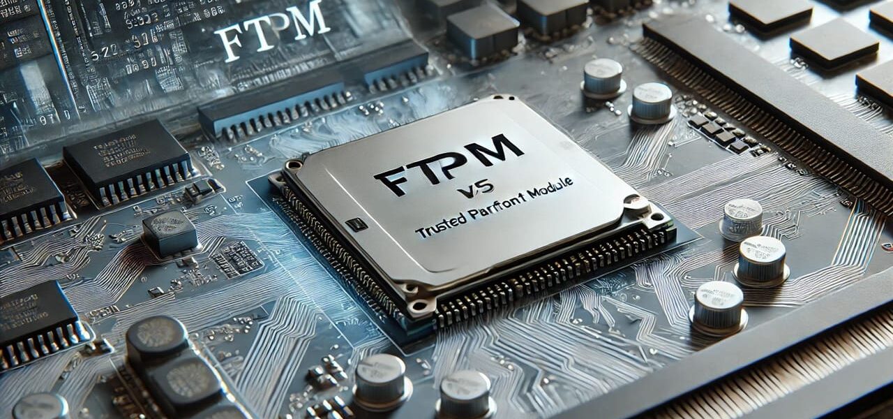 Nahaufnahme eines Laptop-Motherboards mit TPM-Chip und digitalem fTPM-Bildschirm, Vergleich der Sicherheitstechnologien TPM und fTPM