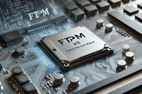 Nahaufnahme eines Laptop-Motherboards mit TPM-Chip und digitalem fTPM-Bildschirm, Vergleich der Sicherheitstechnologien TPM und fTPM