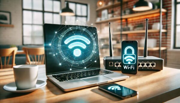 Laptop und Smartphone zeigen WLAN-Symbol, Router im Hintergrund, Netzwerksicherheit dargestellt durch ein Schloss.