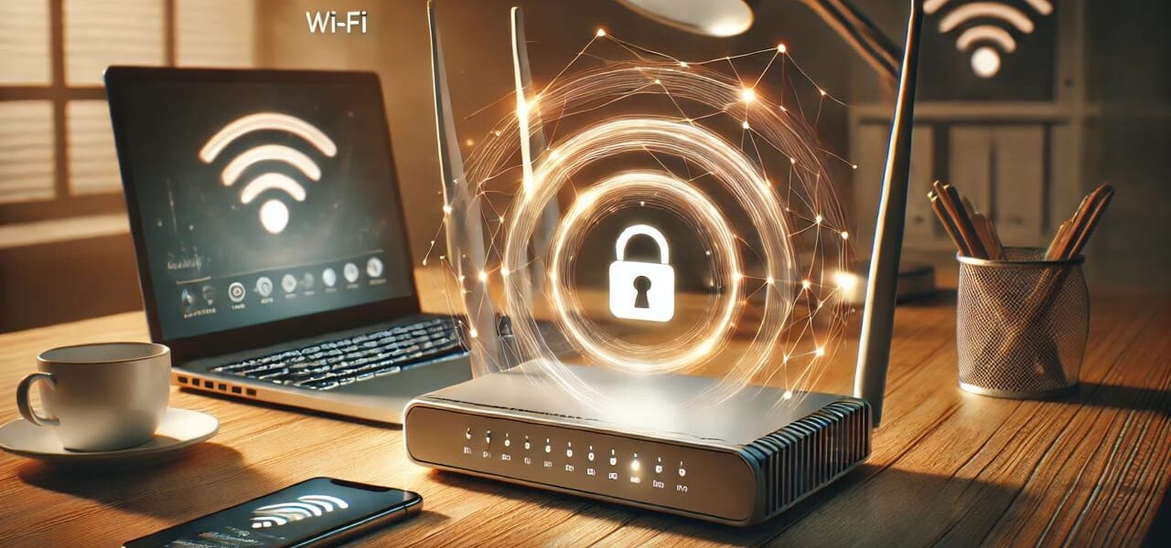 WLAN-Router mit sichtbaren Wi-Fi-Signalen, symbolisiert durch Wellen, die auf WEP, WPA, WPA2 und WPA3 Verschlüsselung hinweisen