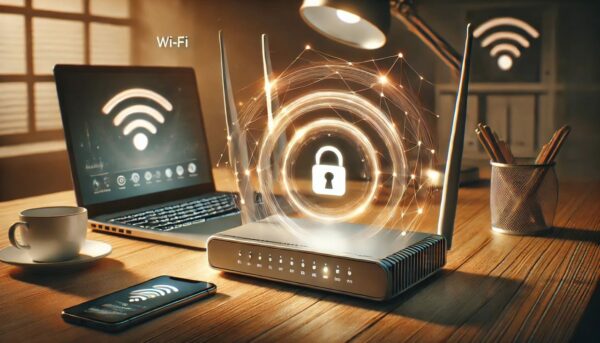 WLAN-Router mit sichtbaren Wi-Fi-Signalen, symbolisiert durch Wellen, die auf WEP, WPA, WPA2 und WPA3 Verschlüsselung hinweisen