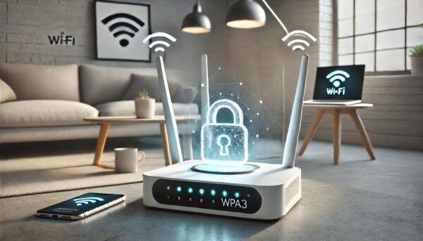 Moderner WLAN-Router mit leuchtenden Wi-Fi-Signalen und Schloss-Symbol, das WPA3-Sicherheit symbolisiert.