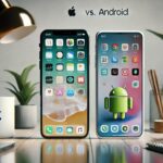 Apple vs. Android: Vergleich zweier Smartphones auf einem Schreibtisch, links ein iPhone, rechts ein Android-Gerät mit unterschiedlichen Interfaces.