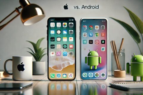 Apple vs. Android: Vergleich zweier Smartphones auf einem Schreibtisch, links ein iPhone, rechts ein Android-Gerät mit unterschiedlichen Interfaces.