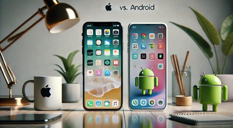 Apple vs. Android: Vergleich zweier Smartphones auf einem Schreibtisch, links ein iPhone, rechts ein Android-Gerät mit unterschiedlichen Interfaces.