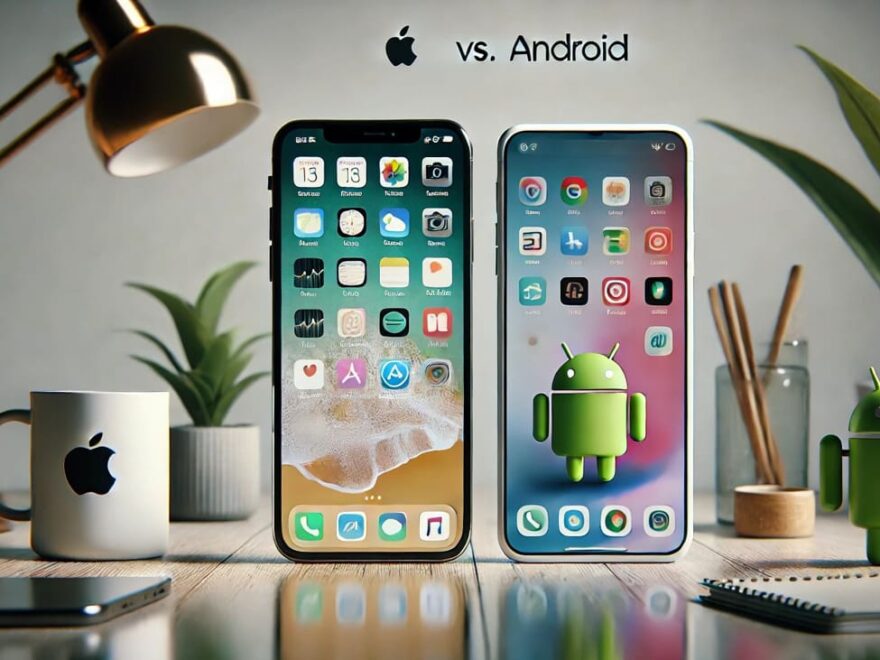 Apple vs. Android: Vergleich zweier Smartphones auf einem Schreibtisch, links ein iPhone, rechts ein Android-Gerät mit unterschiedlichen Interfaces.