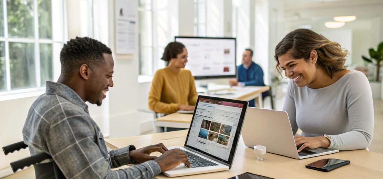 Menschen in einem barrierefreien digitalen Arbeitsumfeld, mit Screenreader, Tastatur-Navigation und barrierefreien Technologien.