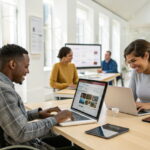 Menschen in einem barrierefreien digitalen Arbeitsumfeld, mit Screenreader, Tastatur-Navigation und barrierefreien Technologien.