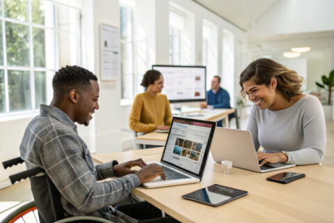 Menschen in einem barrierefreien digitalen Arbeitsumfeld, mit Screenreader, Tastatur-Navigation und barrierefreien Technologien.