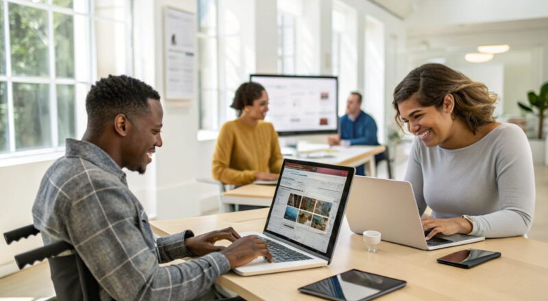 Menschen in einem barrierefreien digitalen Arbeitsumfeld, mit Screenreader, Tastatur-Navigation und barrierefreien Technologien.