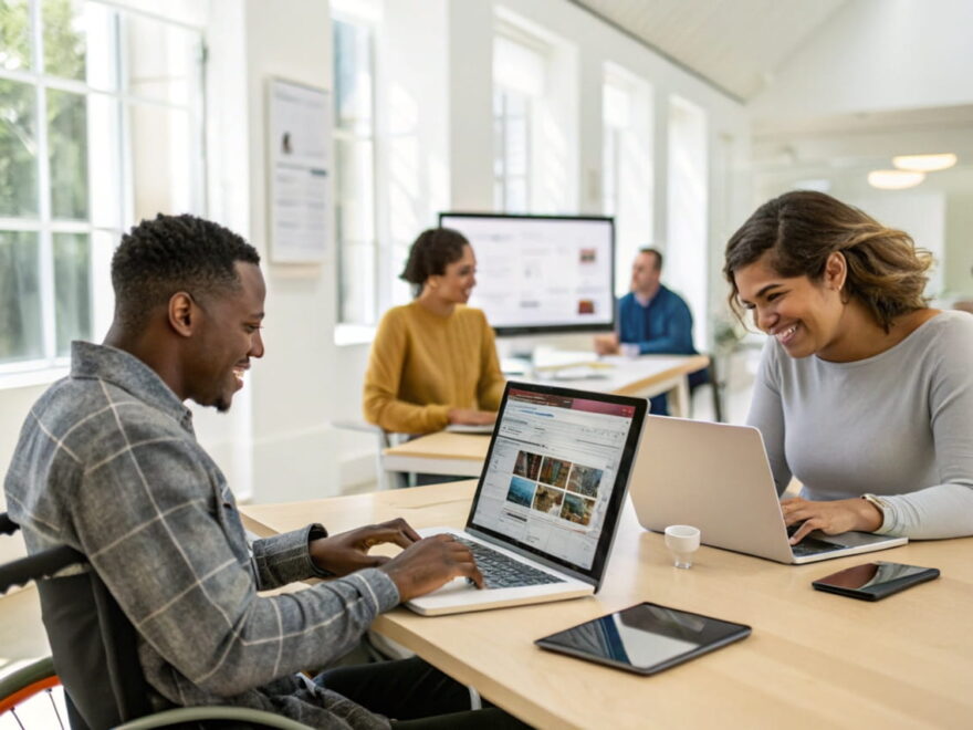 Menschen in einem barrierefreien digitalen Arbeitsumfeld, mit Screenreader, Tastatur-Navigation und barrierefreien Technologien.