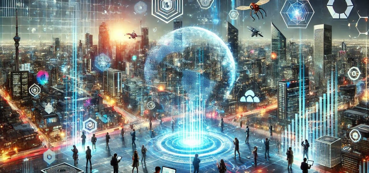 Futuristische Stadt mit leuchtenden Datenströmen, modernen Technologien und Menschen, die die digitale Revolution symbolisieren.