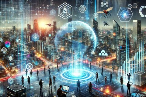 Futuristische Stadt mit leuchtenden Datenströmen, modernen Technologien und Menschen, die die digitale Revolution symbolisieren.