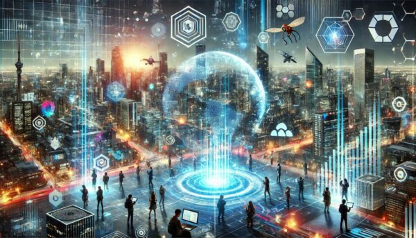 Futuristische Stadt mit leuchtenden Datenströmen, modernen Technologien und Menschen, die die digitale Revolution symbolisieren.