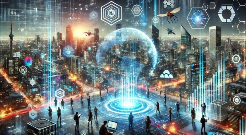 Futuristische Stadt mit leuchtenden Datenströmen, modernen Technologien und Menschen, die die digitale Revolution symbolisieren.