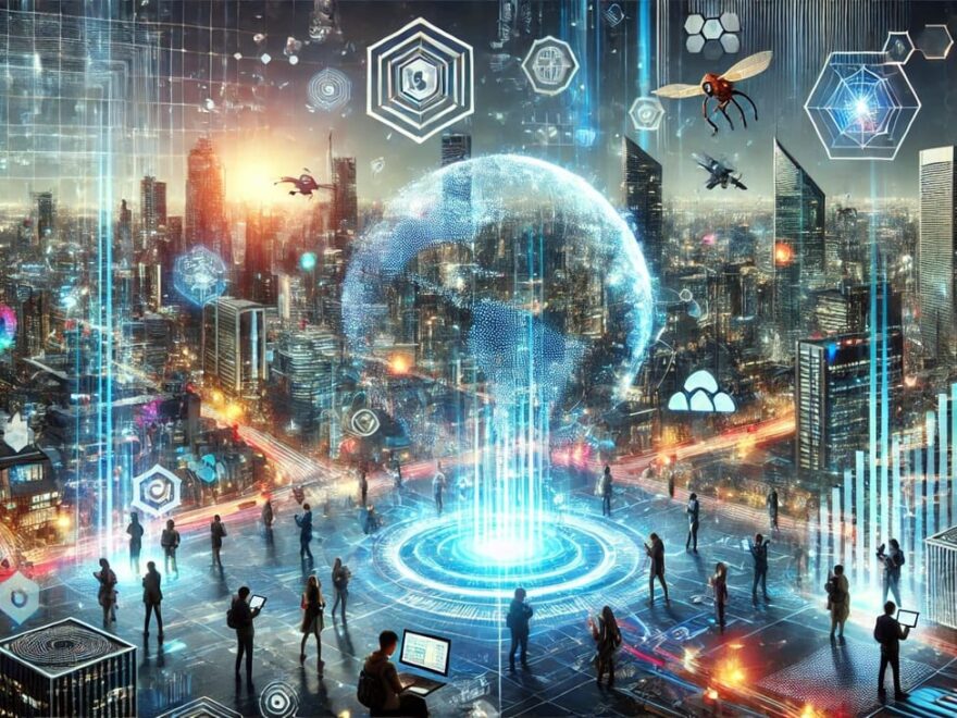 Futuristische Stadt mit leuchtenden Datenströmen, modernen Technologien und Menschen, die die digitale Revolution symbolisieren.