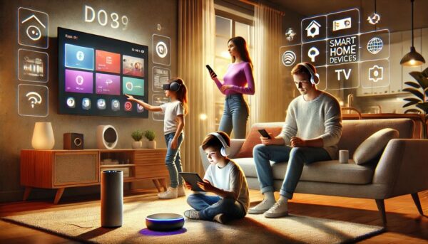 Familie in einem modernen Wohnzimmer nutzt Technologien wie Tablet, Smart-Home-Steuerung und Virtual-Reality-Headset – digitale Revolution im Alltag.