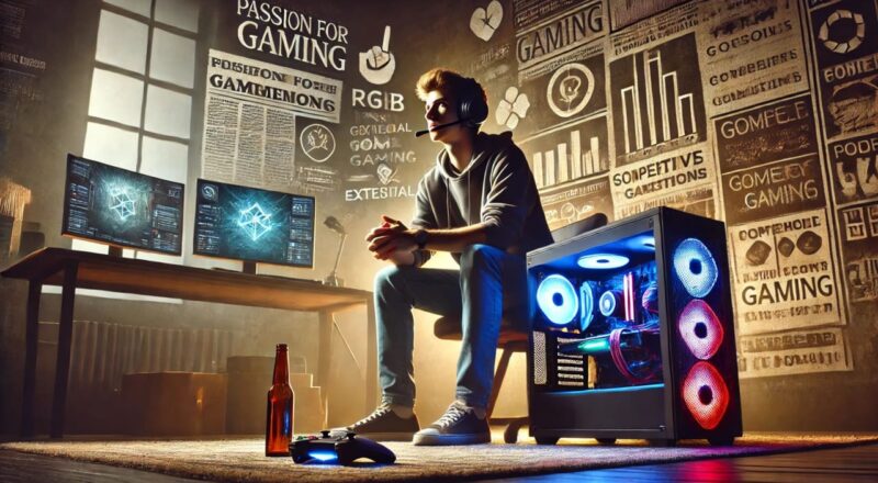 Ein Gamer in modernem Setup, mit einer Mischung aus Triumph und Frustration, im Hintergrund Hinweise auf gesellschaftliche Vorurteile.