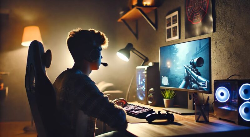 Person konzentriert beim Gaming am Computer, beleuchtet durch Bildschirmlicht in dunklem Raum