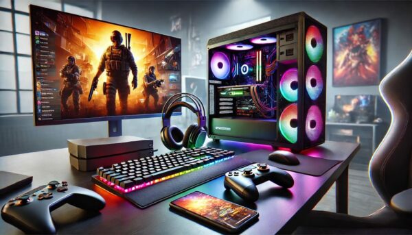 Modernes Gaming-Setup mit RGB-PC, Konsole, Smartphone, Gaming-Headset, Tastatur und Maus auf einem Schreibtisch.