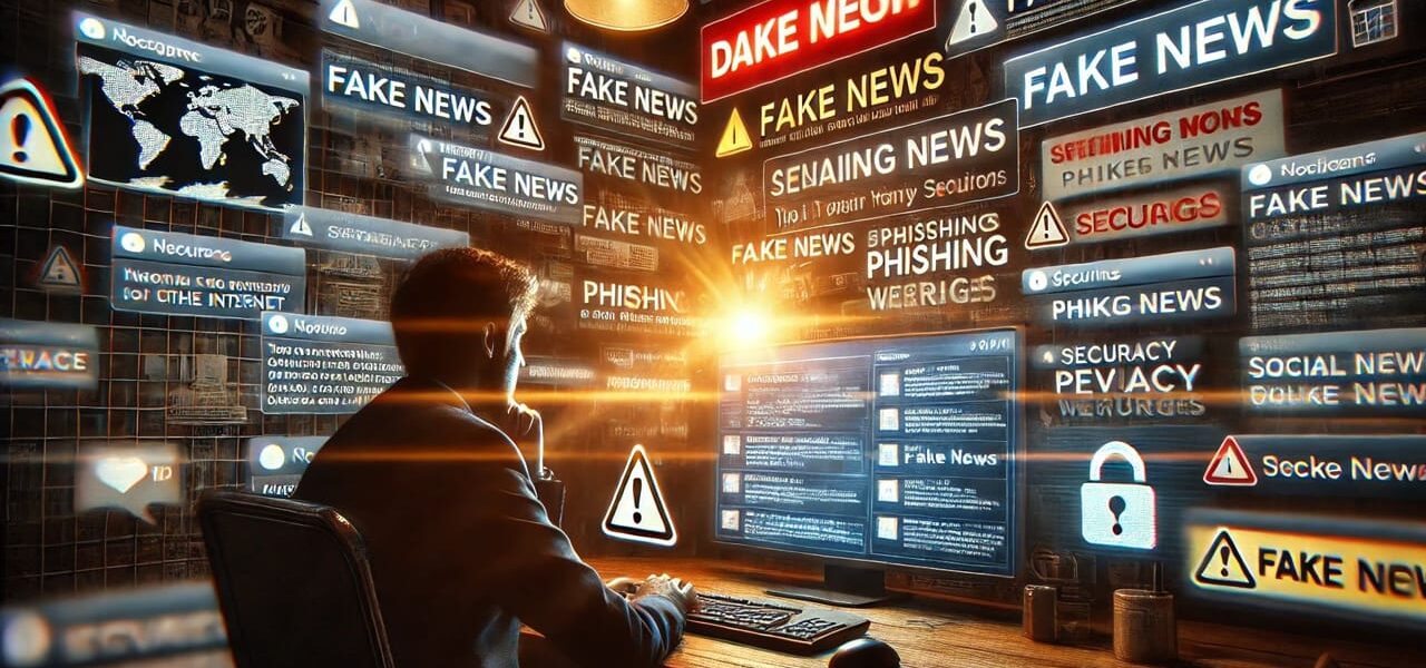 Person vor Bildschirm mit Warnungen und Fake News - symbolisiert die Gefahren des Internets