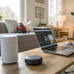 Smarte KI-Anwendungen im Alltag: Laptop mit virtueller Assistenz, Smart Speaker und Saugroboter in einem modernen Zuhause.