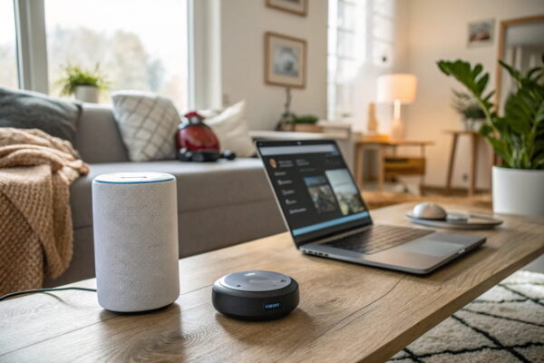 Smarte KI-Anwendungen im Alltag: Laptop mit virtueller Assistenz, Smart Speaker und Saugroboter in einem modernen Zuhause.