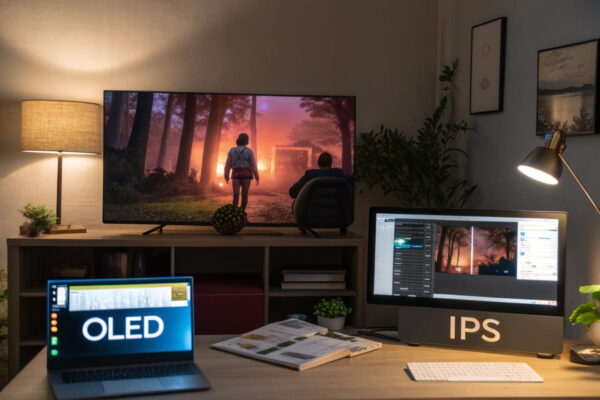 Einsatzgebiete von OLED- und IPS-Displays: Heimkino mit OLED und Büroanwendungen mit IPS dargestellt.